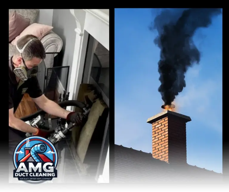 Chimney sweep performing maintenance while following strict safety standards for a risk-free fireplace
