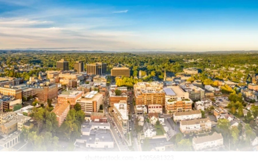 Skyline view of Morris County, NJ, showcasing a mix of urban and suburban areas with greenery and modern buildings under a clear blue sky.