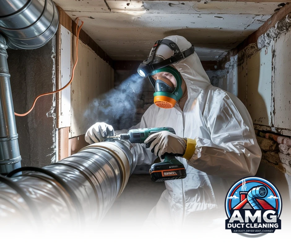 Technician Inspecting Damaged Air Duct – "Air duct repair specialist in protective gear inspecting and diagnosing issues inside a damaged duct to prevent indoor air quality problems."