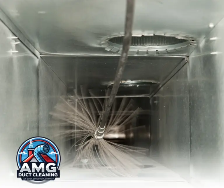 Illustration of airborne pollutants emerging from an unclean air duct affecting indoor air quality.