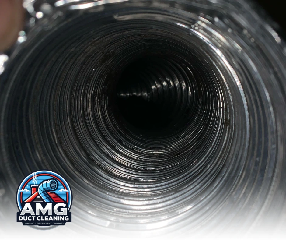 Detailed image of a clogged air duct filled with dust and debris illustrating potential health hazards.