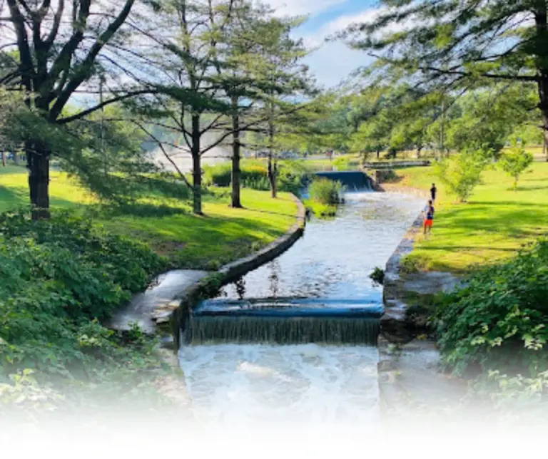 Scenic view of Third Ward Park featuring a stream surrounded by green trees and open grassy areas in Passaic County, NJ.